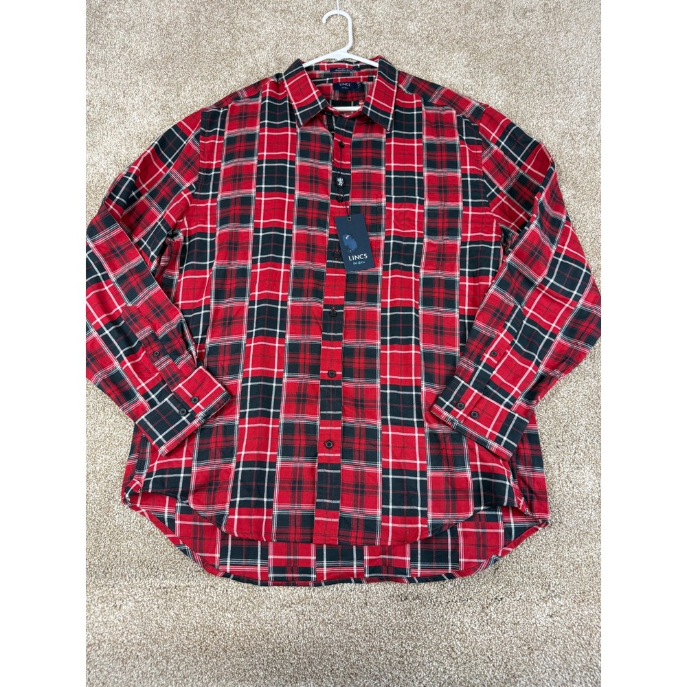 NWT Lincs DC & Co Mens‎ XXL Red Black Plaid Button Down Shirt Long Sleeve